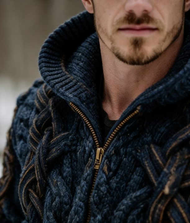 🧥 Мъжка плетена жилетка с цип и качулка с викингски келтски възел – топла и стилна