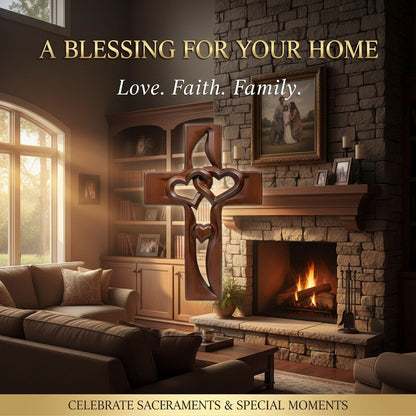 Ръчно изработен дървен кръст с форма на сърце за декорация на стена